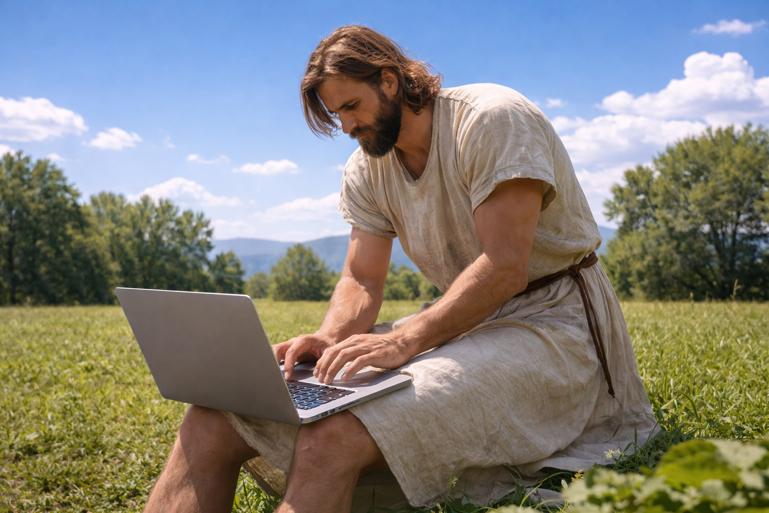 Christian man working on a computer.